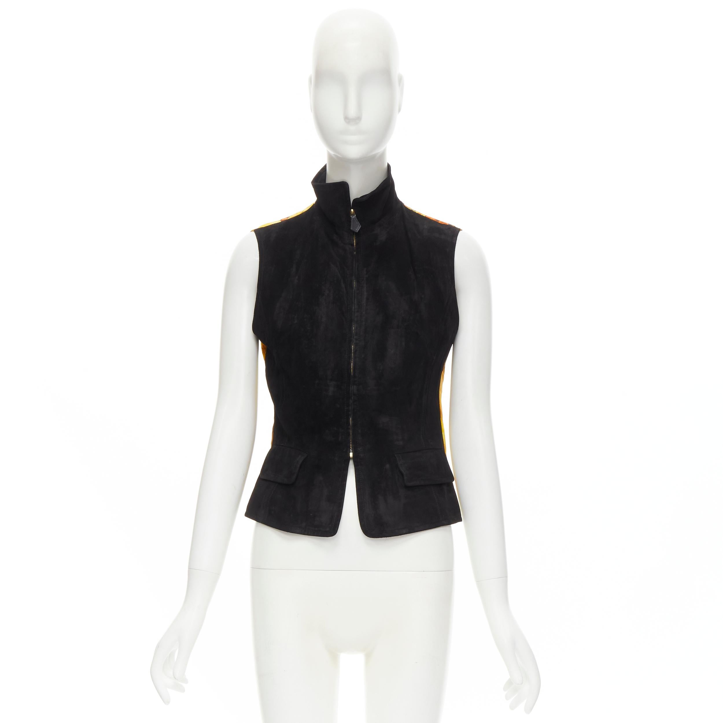HERMES Vintage Concerto yellow Violinist silk black suede leather vest FR38 S For Sale 3