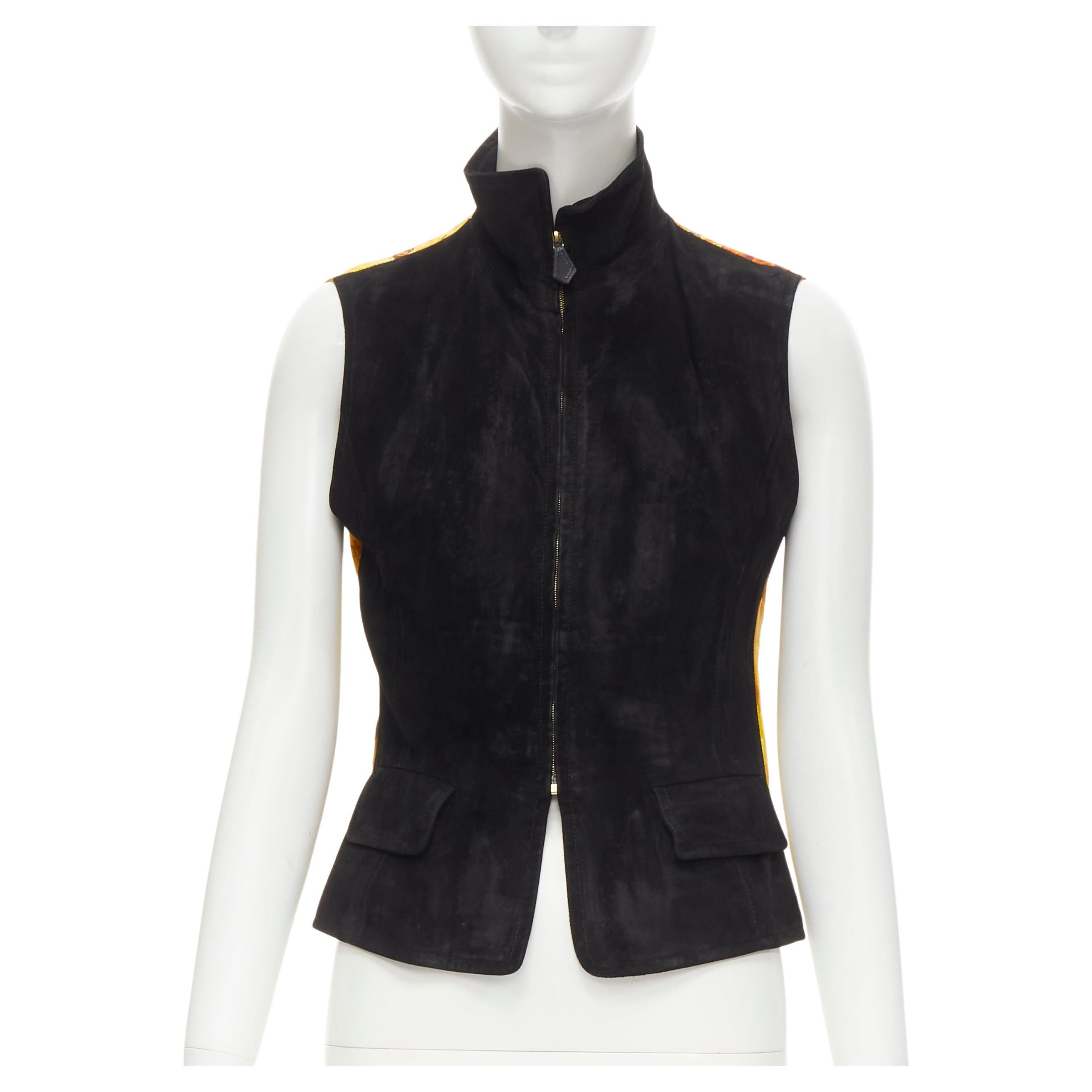HERMES Vintage Concerto yellow Violinist silk black suede leather vest FR38 S For Sale