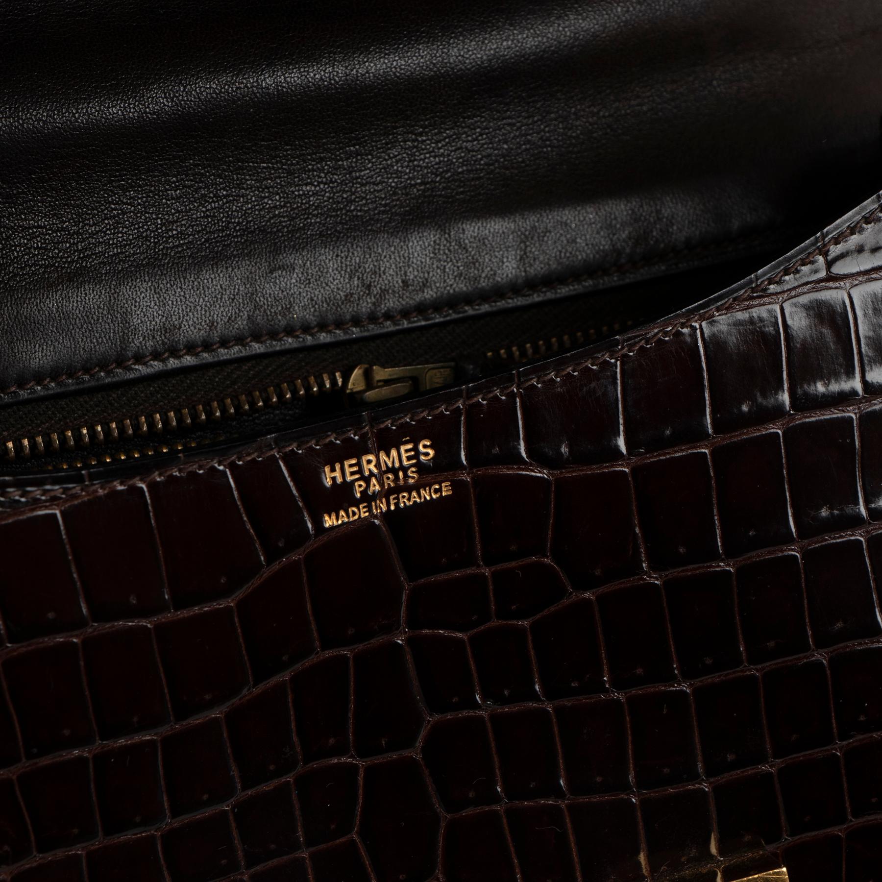 Black Hermès Vintage Constance 23 Brown Shiny Crocodile Porosus GHW For Sale