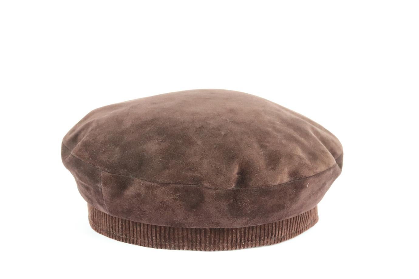 Hermès vintage corduroy trimmed suede beret. Brown. Pull on. 100% Calfskin; trim: 90% cotton, 10% cashmere; lining: 100% acetate. Size: Medium. Circumference: 22 in. Very good condition - No sign of wear; see pictures.