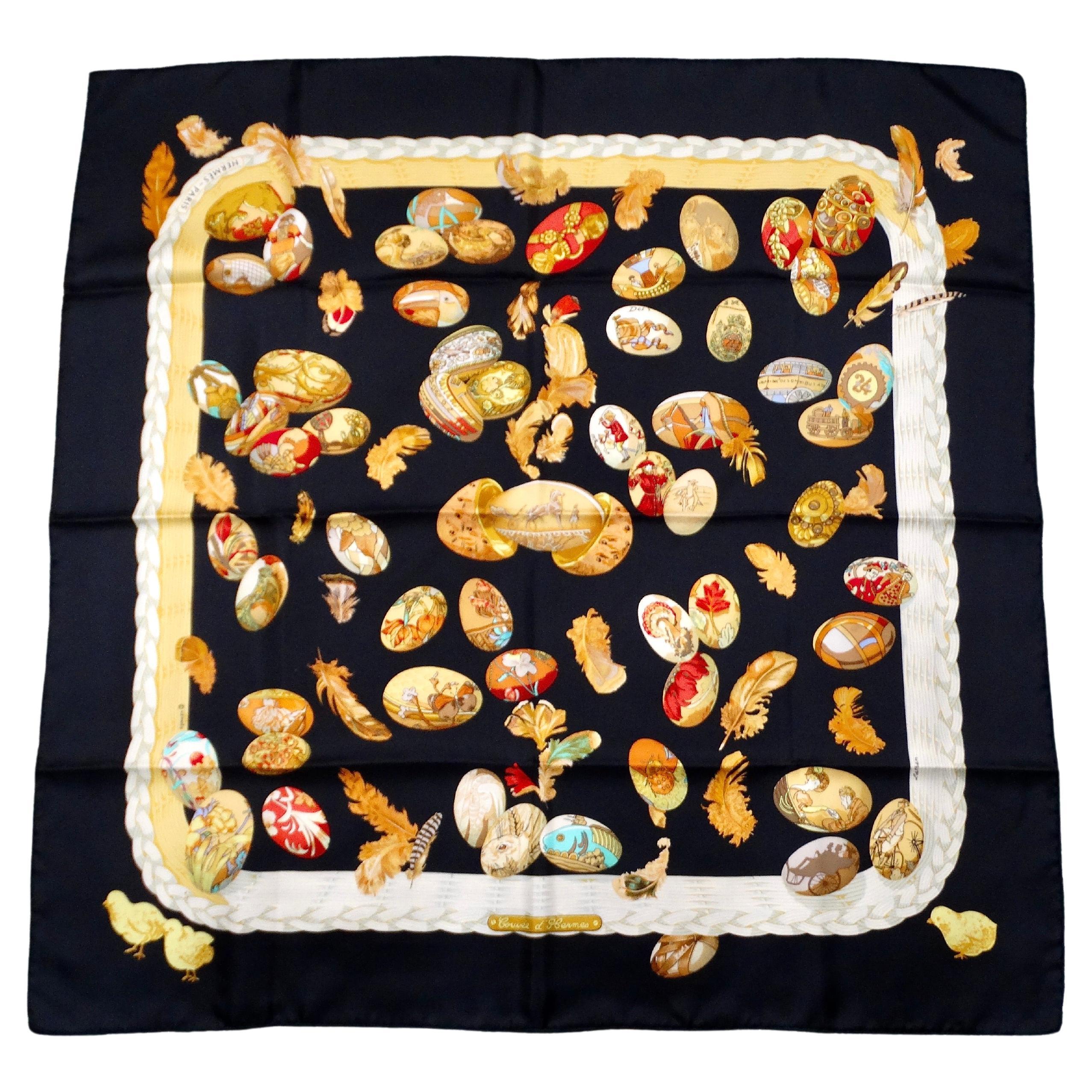 Hermes Vintage "Couvee d'Hermes" 90 cm Black Silk Egg & Feather Print Scarf For Sale