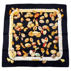 Hermes Vintage "Couvee d'Hermes" 90 cm Black Silk Egg & Feather Print Scarf