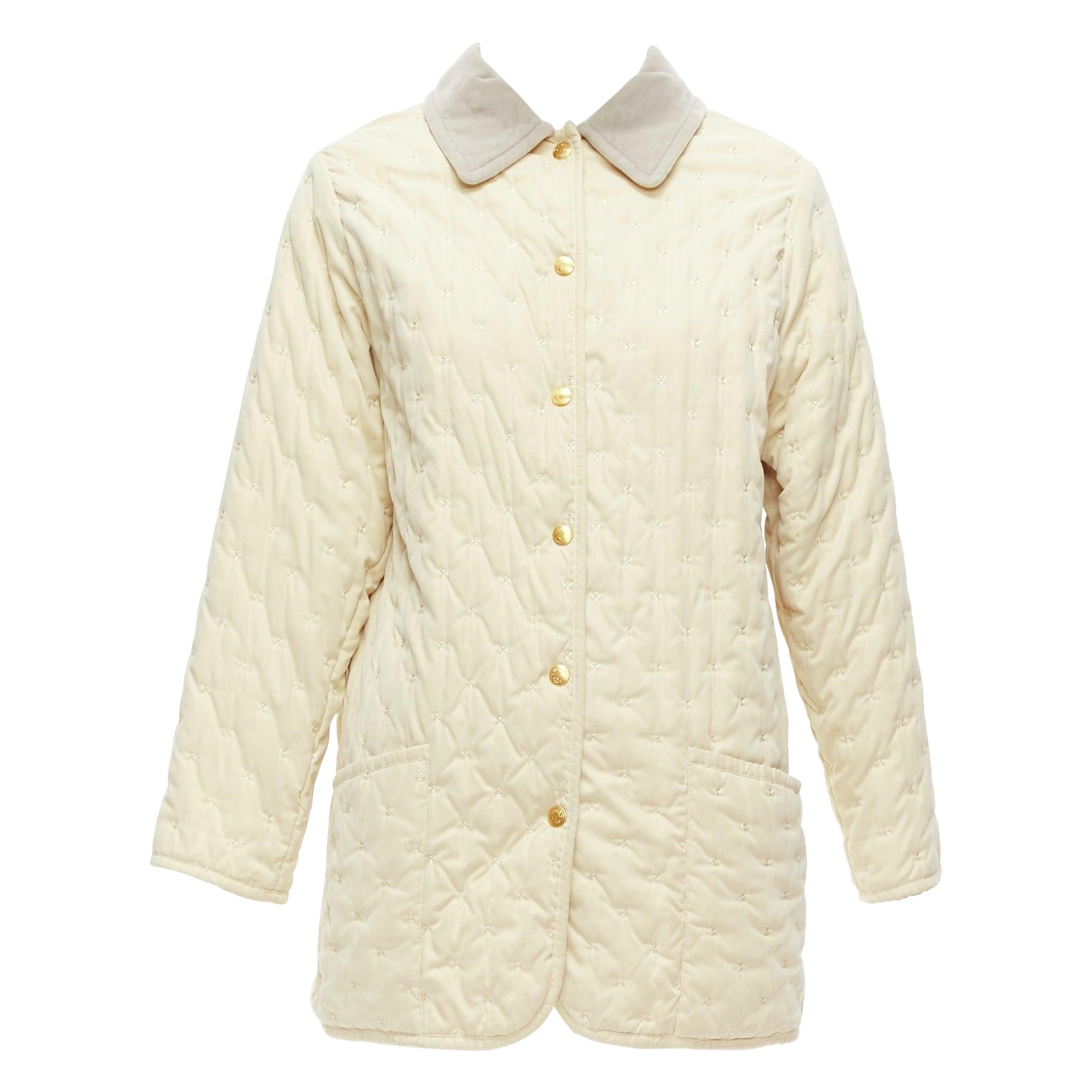 HERMES Vintage cream embroidered quilted grey velvet collar pocketed coat FR38 M