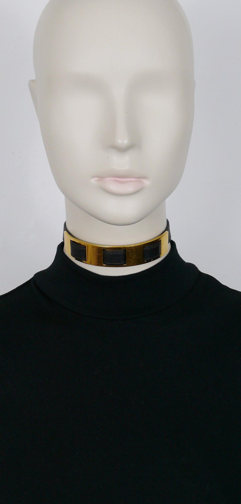 Hermes Vintage Dark Brown Leather Choker With Gold Panel For Sale at