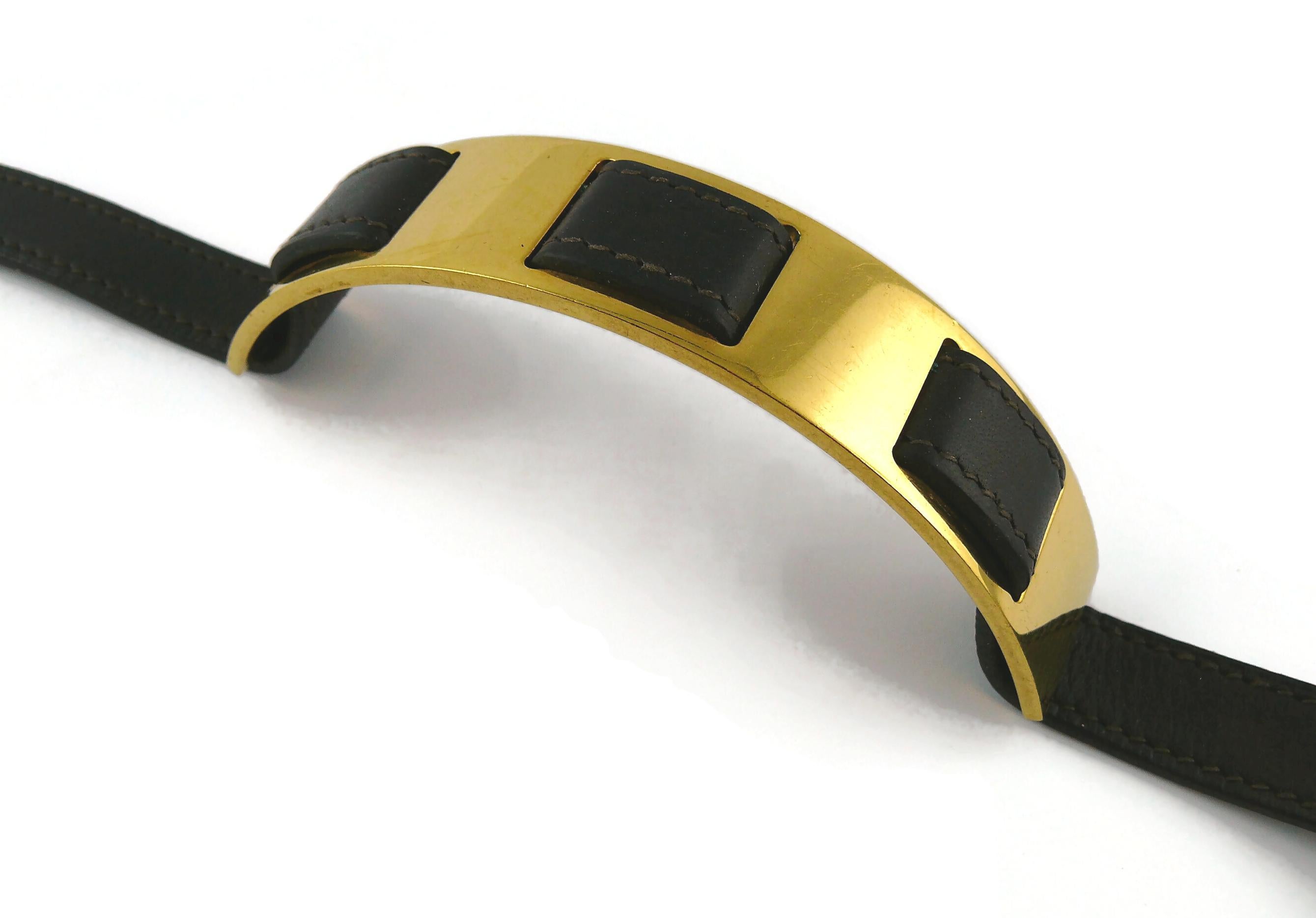 Hermes Vintage Dark Brown Leather Choker With Gold Panel For Sale 2