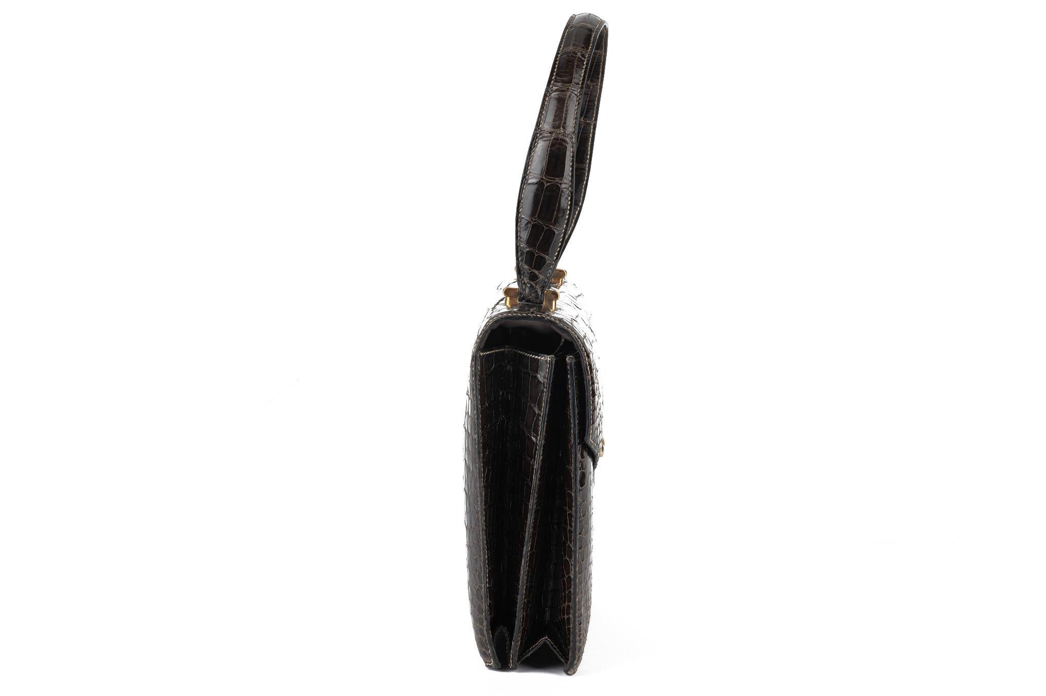 Black Hermès Vintage Dark Grey Croc Handbag For Sale