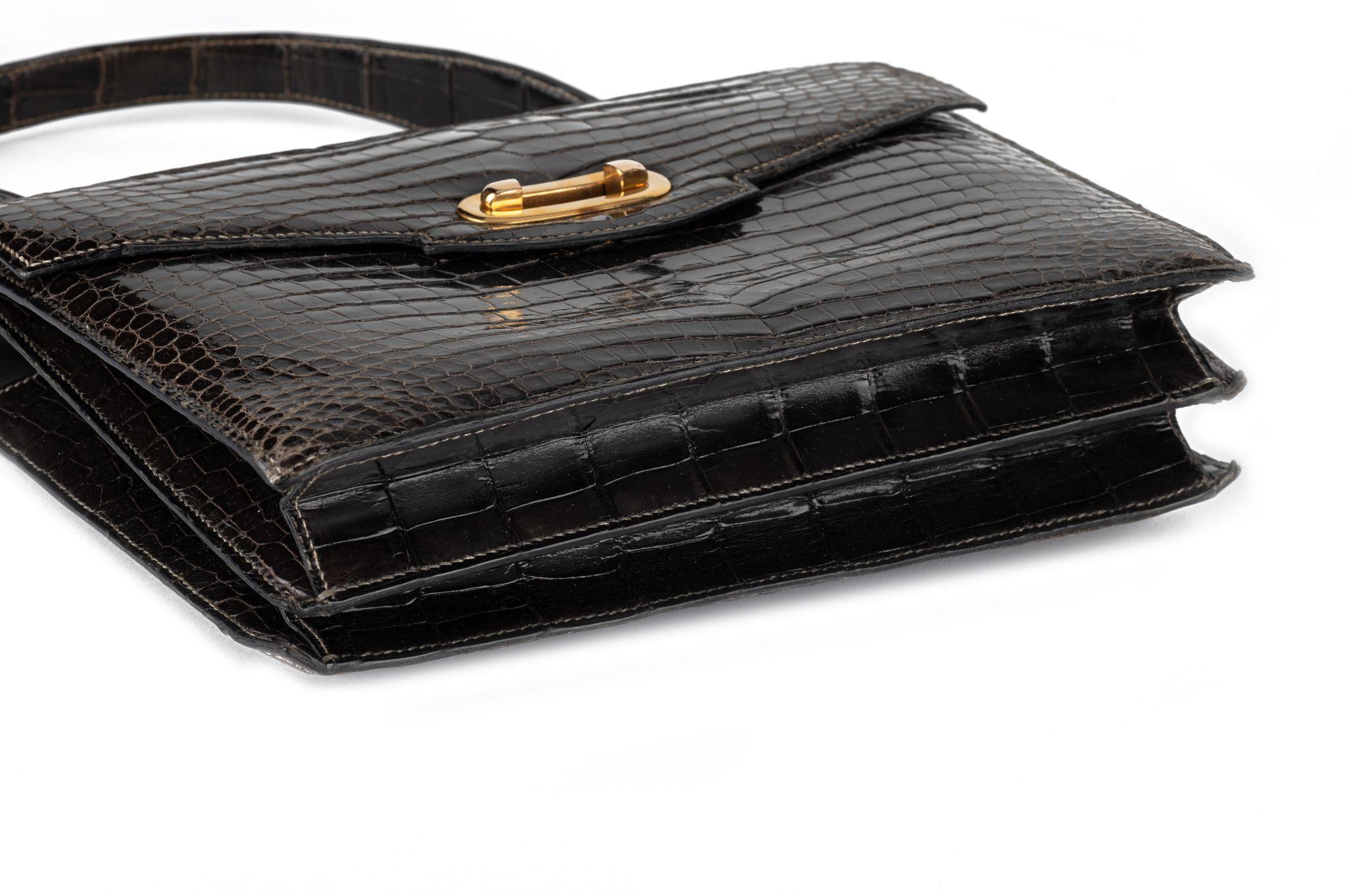 Women's Hermès Vintage Dark Grey Croc Handbag For Sale