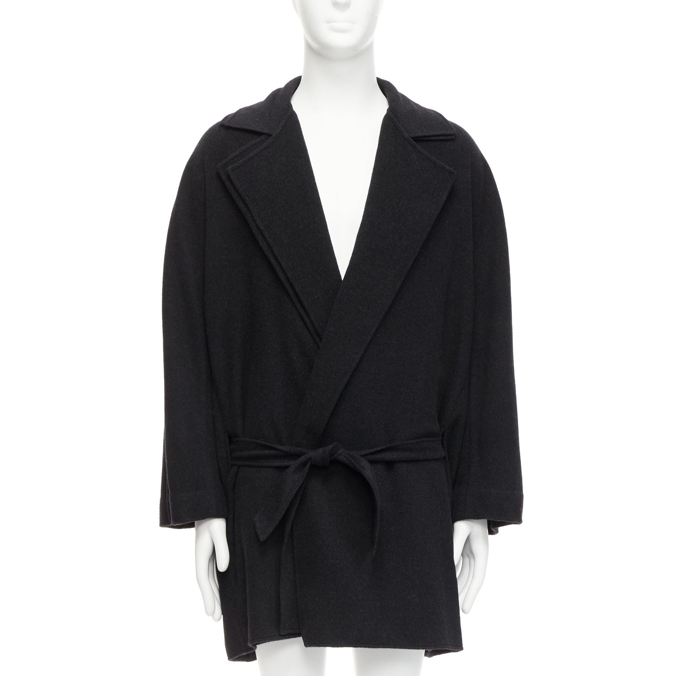 HERMES Vintage dark grey double faced cashmere dual collar belted robe coat EU48 In Excellent Condition For Sale In Hong Kong, NT