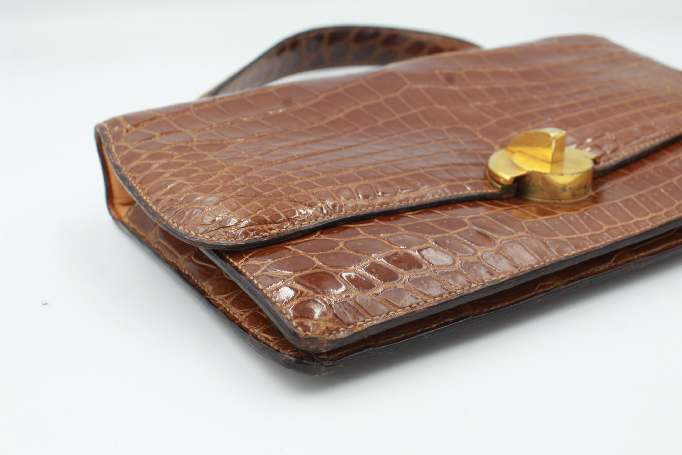 Brown Hermès Vintage Demi Lune handbag in brown crocodile