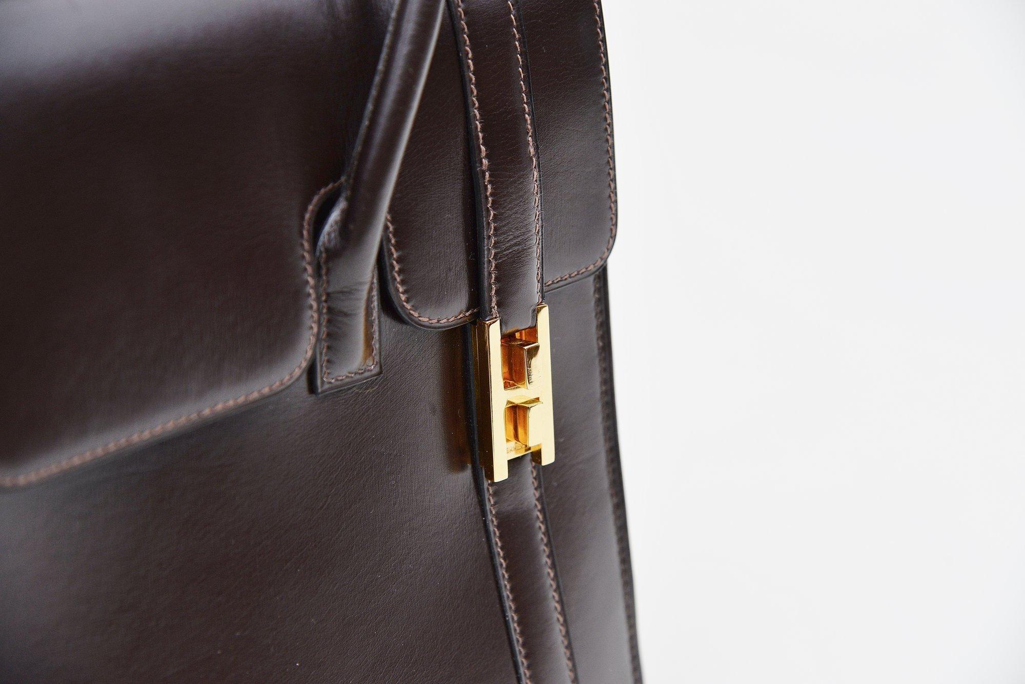 Black Hermes Vintage Drag Bag Brown Box Leather 