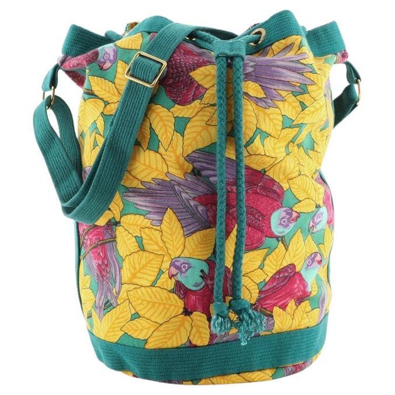 Hermes Vintage Drawstring Bucket Shoulder Bag Printed Canvas Medium at