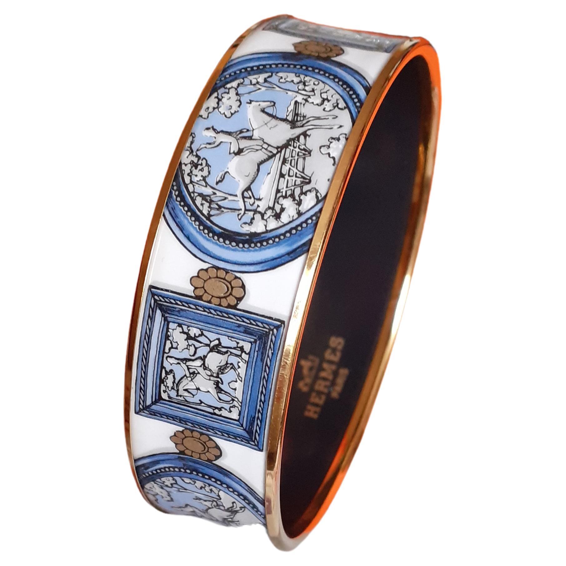 Hermès Vintage Enamel Bracelet Wedgwood Blue Gold Hdw Size GM 70 RARE 