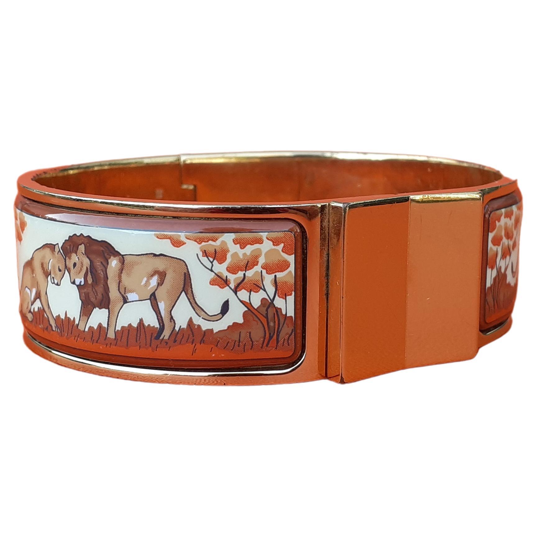 Hermès Vintage Enamel Clic Clac Bracelet Lions and Lionesses Gold Hdw Size GM