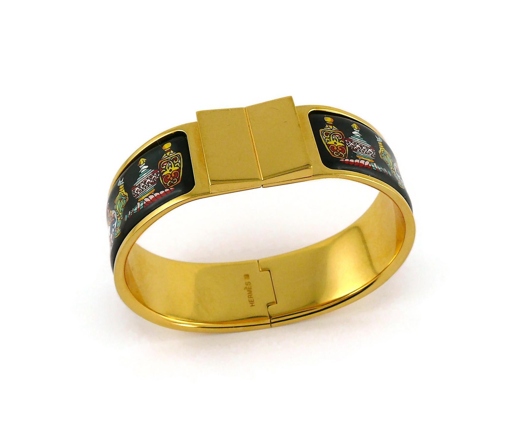 HERMES vintage printed enamel gold toned loquet bracelet featuring multicolored flacons after the design of CATHERINE BASCHET for the Maison HERMES silk scarf 