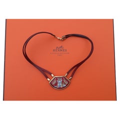 Hermès Vintage Enamel Printed and Leather Necklace Tigre Royal