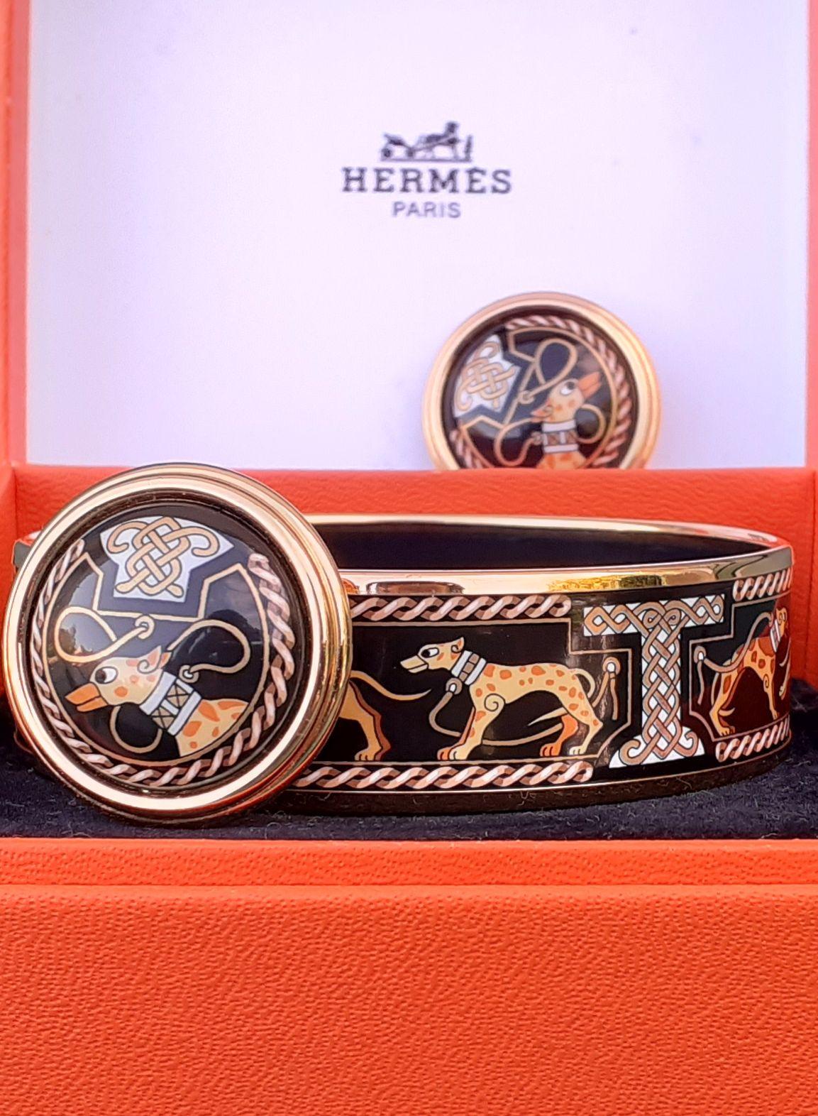 Hermès Vintage Enamel Printed  Clip-On Earrings Greyhound Dogs Levriers Ghw 5