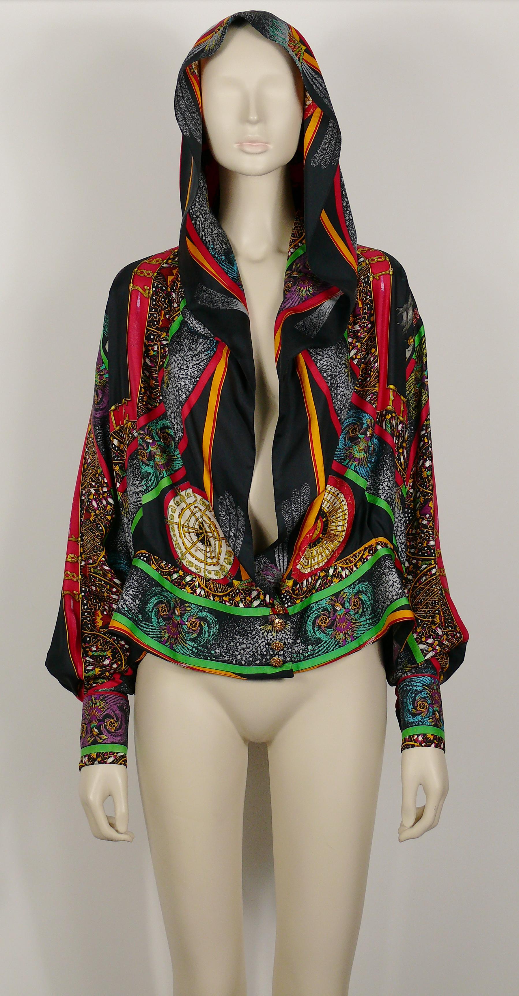Black Hermes Vintage Feux d'Artifice 150th Anniversary Silk Hooded Blouse For Sale