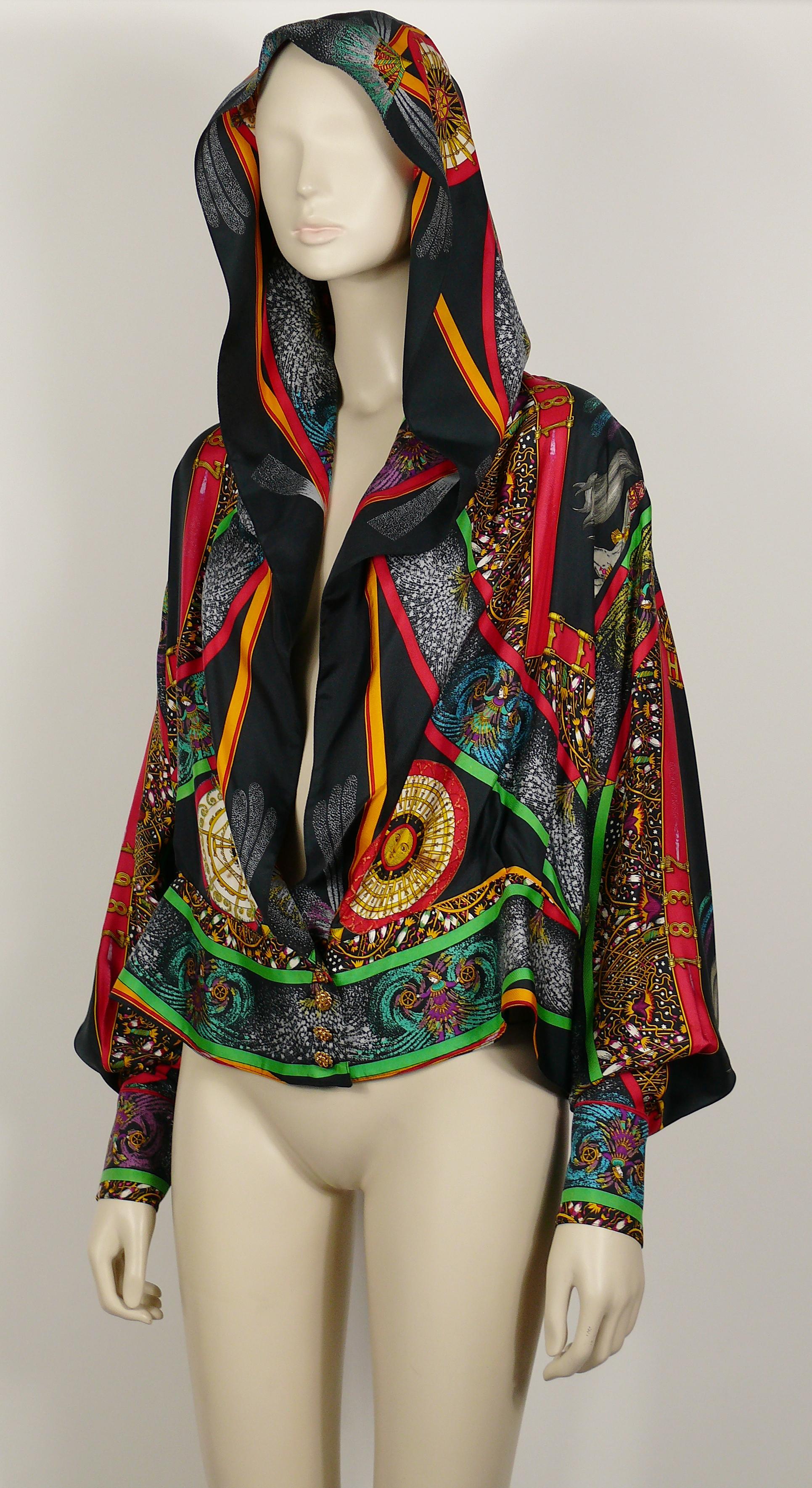 Hermes Vintage Feux d'Artifice 150th Anniversary Silk Hooded Blouse In Good Condition For Sale In Nice, FR