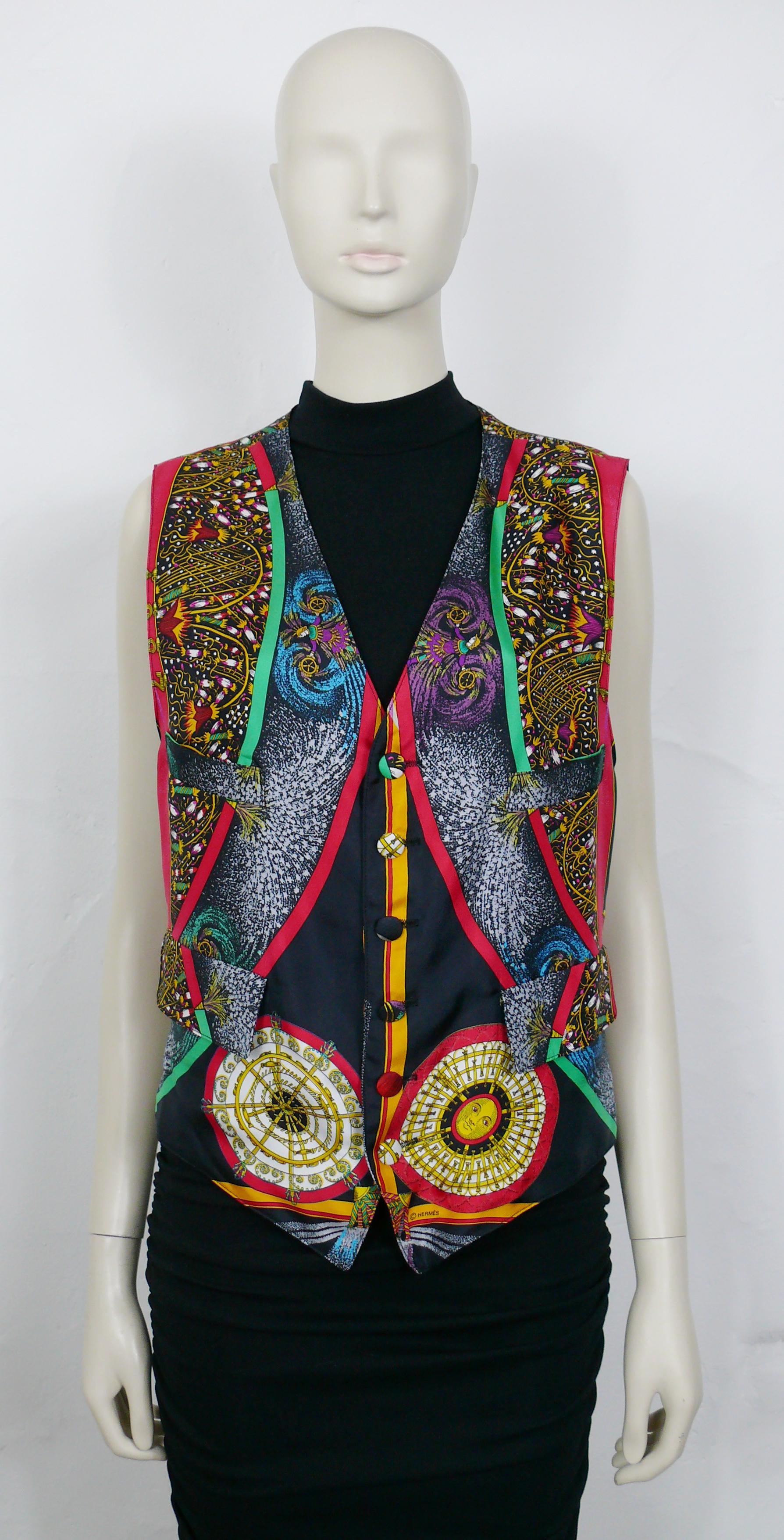 HERMES Paris vintage rare FEUX D'ARTIFICE print silk vest.

1987 limited edition manufactured to commerate the 150th year anniversary of the founding of HERMES (1837-1987). 

This shirt features :
- Multicolored opulent design on a black