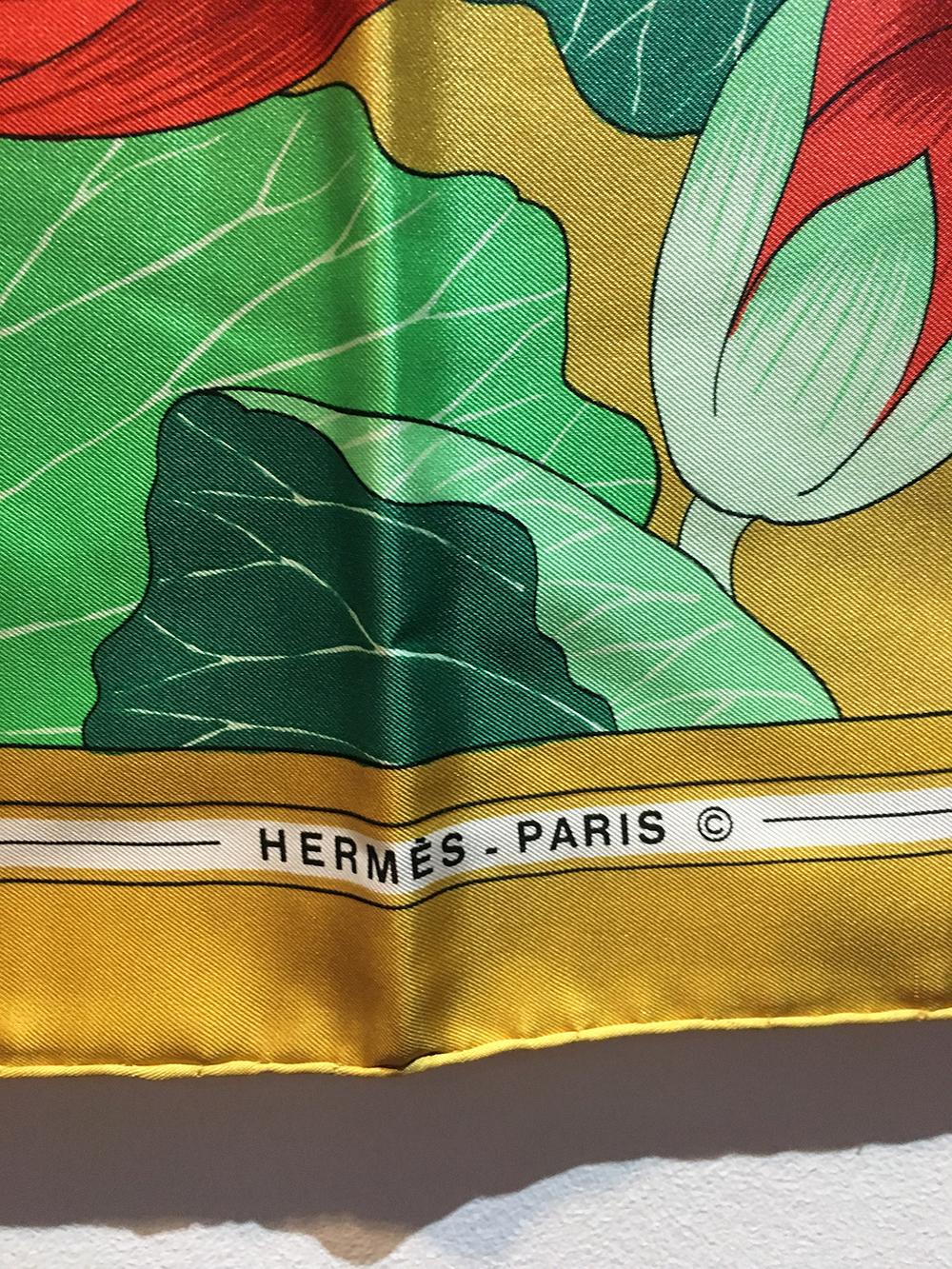 Brown Hermes Vintage Fleurs de Lotus Silk Scarf in Gold c1970s