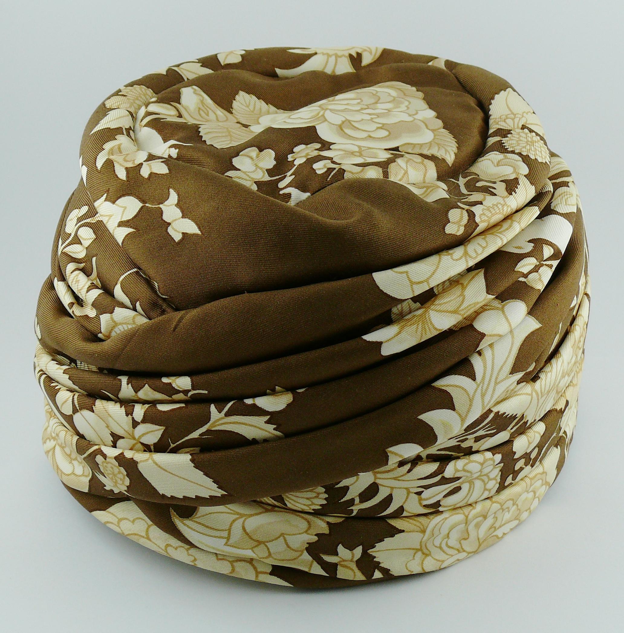 Brown Hermes Vintage Flowers and Birds Silk Turban Hat