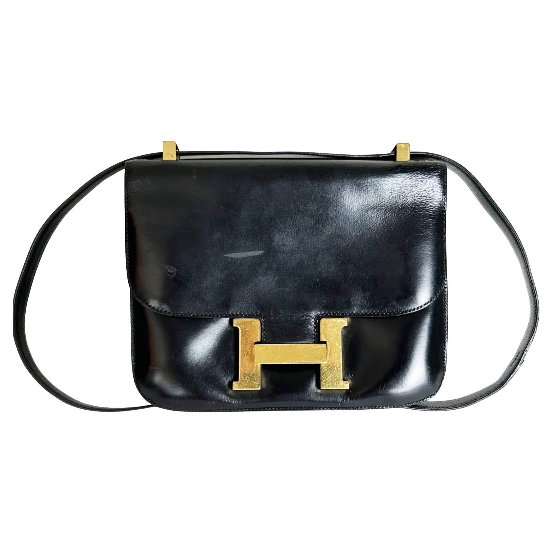 Hermes Vintage Gold Plated H Box Leather Constance 22 Bag