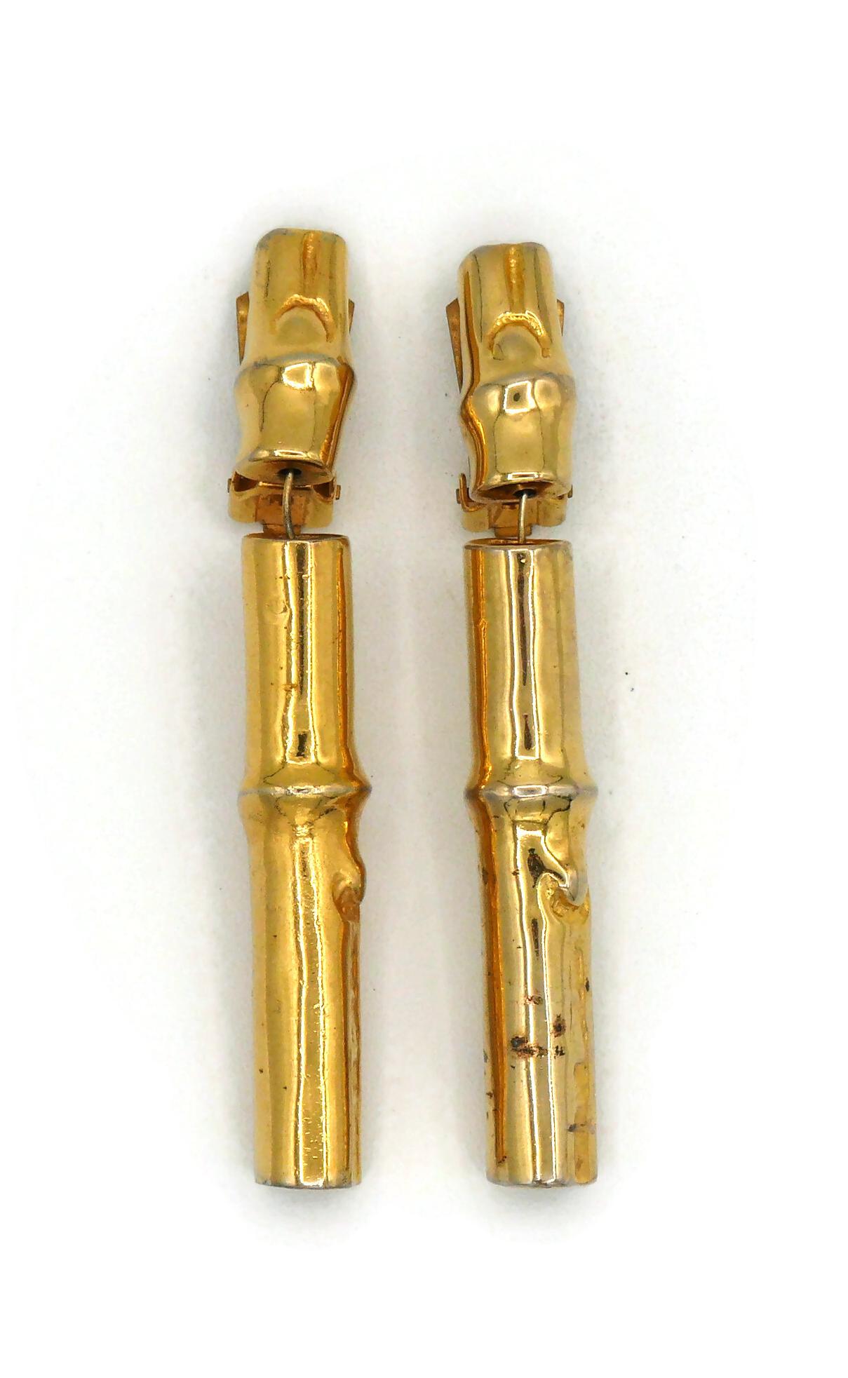 HERMÈS Boucles d'oreilles pendantes vintage en forme de bambou de couleur or État moyen - En vente à Nice, FR