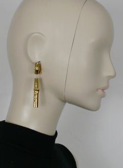 HERMES Vintage Gold Tone Bamboo Design Dangling Earrings