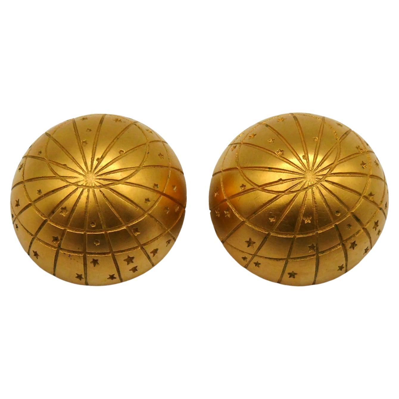 HERMES Vintage Gold Tone Celestial Dome Clip On Earrings