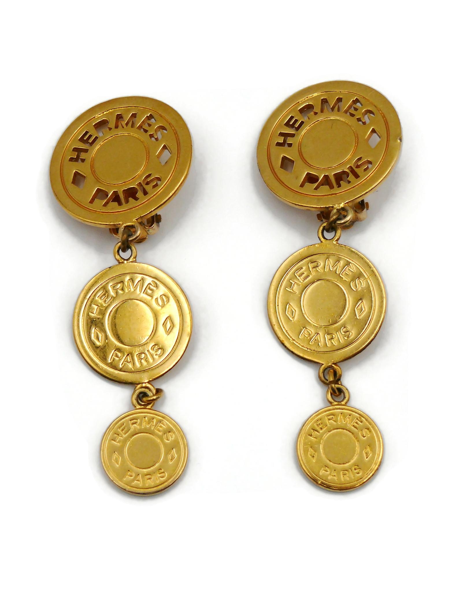 HERMES Vintage Gold Tone Clou de Selle Dangling Earrings In Fair Condition For Sale In Nice, FR