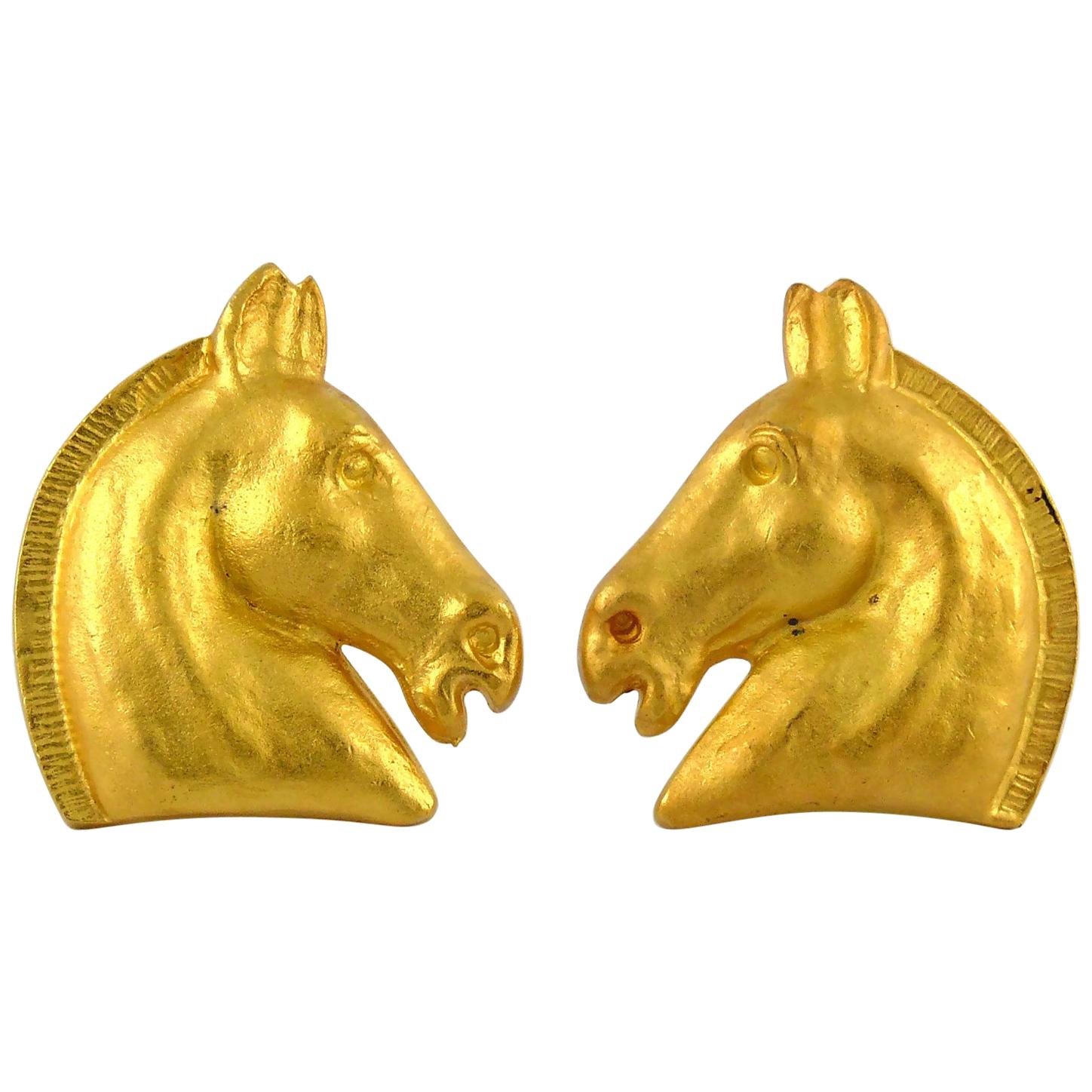 Hermes Vintage Gold Toned Equestrian Clip-On Earrings