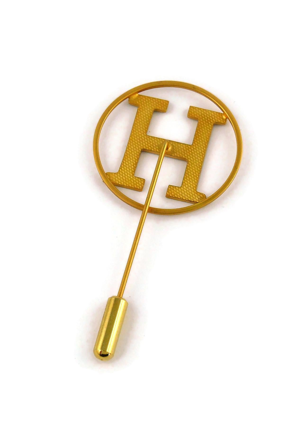 Women's or Men's Hermes Vintage Gold Toned H Lapel Pin Brooch