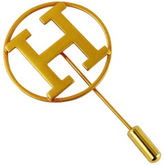 Hermes Vintage Gold Toned H Lapel Pin Brooch