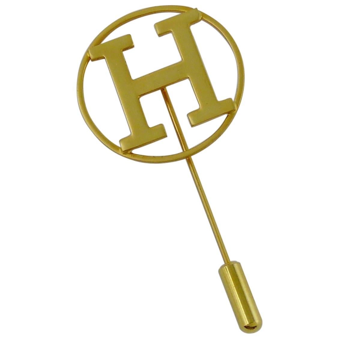 Hermes Vintage Gold Toned H Lapel Pin Brooch