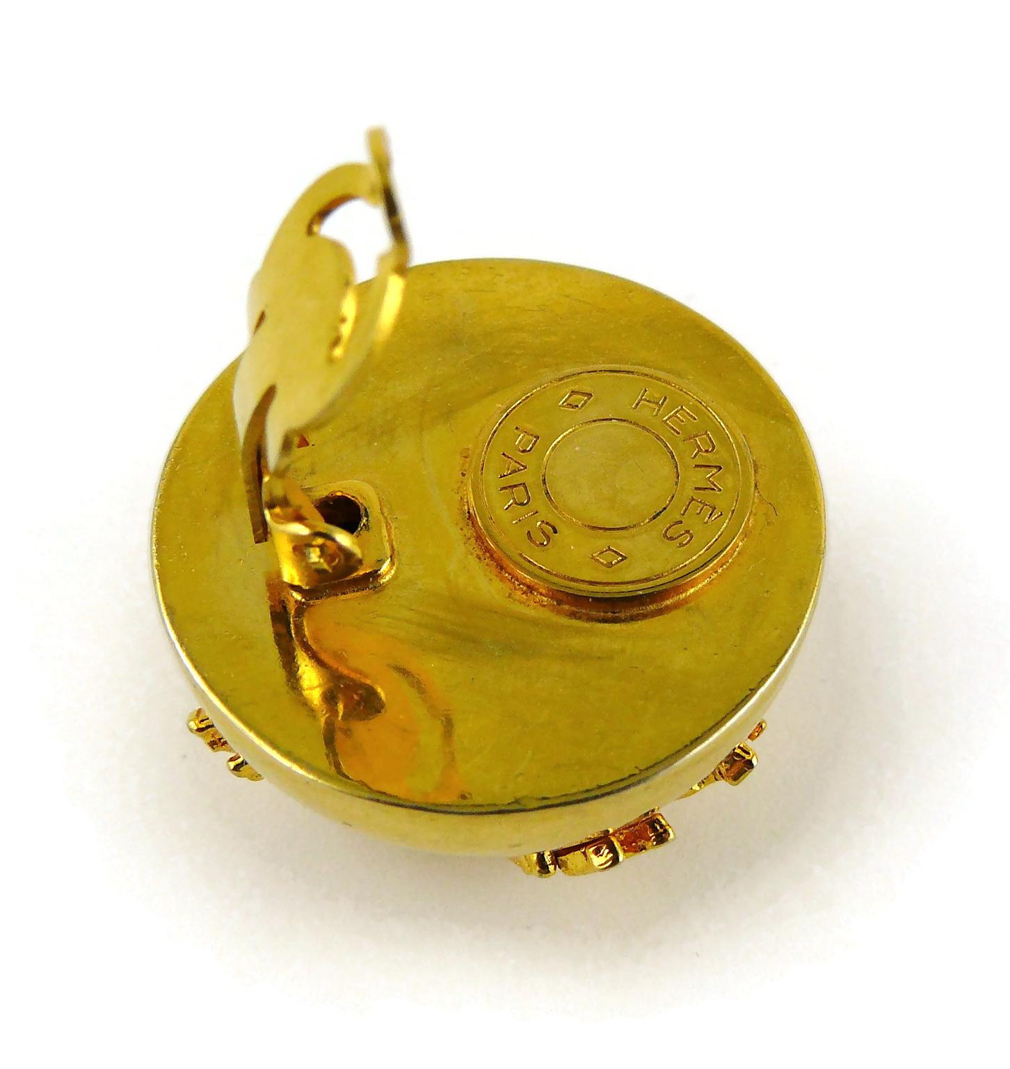 Women's Hermes Vintage Gold Toned Pegasus Dome Clip On Earrings