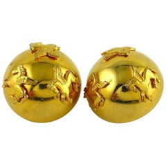 Hermes Vintage Gold Toned Pegasus Dome Clip On Earrings