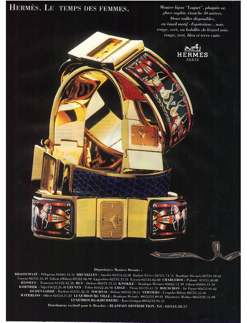 Hermes Vintage Green Enamel and 18k Gold Plated Loquet Watch.  Circa 1991.  Original retail price approximately $3560 CAD. 18k gold plated stainless steel with green horse equestrian design enamel.  Case size 20 x 13mm.  Bracelet width 20mm.
