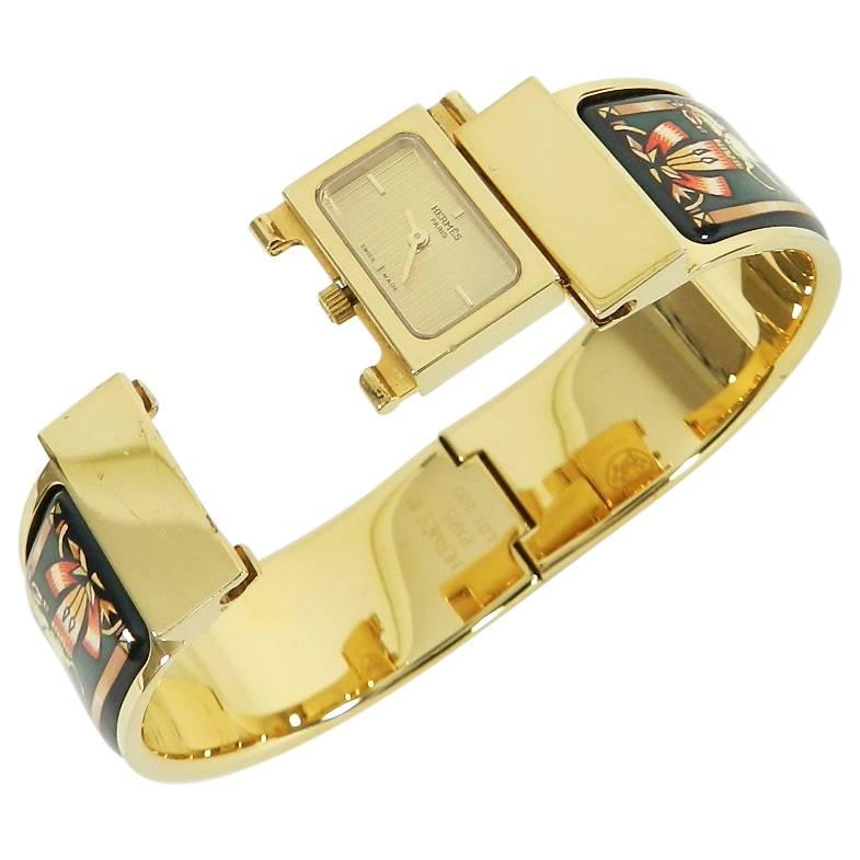Women's Hermes Ladies Gold Plated Green Enamel Vintage Loquet Wristwatch, Circa 1991