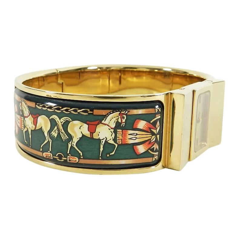 Hermes Ladies Gold Plated Green Enamel Vintage Loquet Wristwatch, Circa 1991 2
