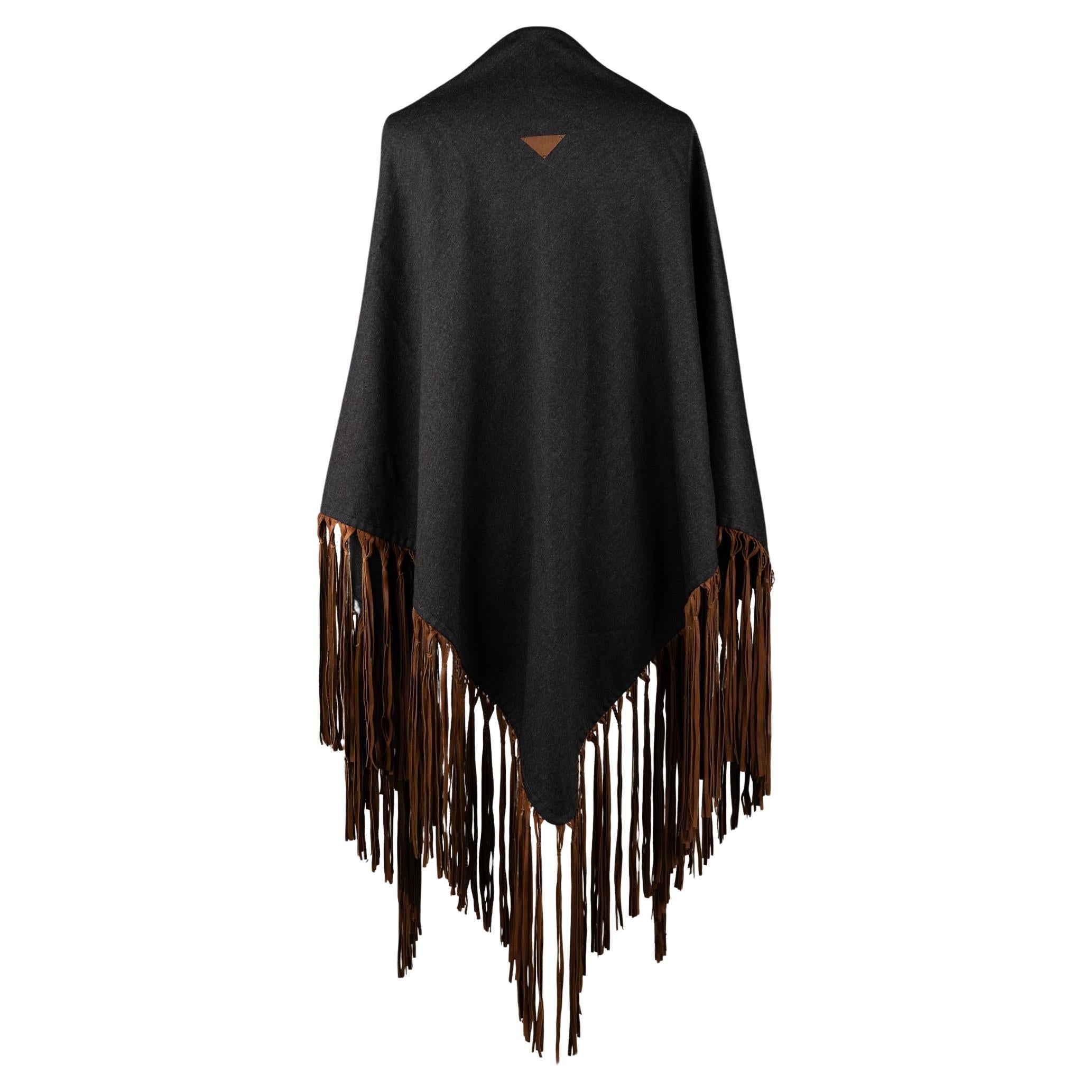 Hermès Vintage Grey Brown Fringe Shawl For Sale