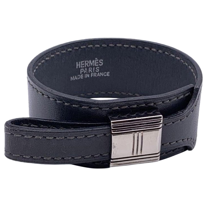 Hermes Vintage Artemis-Armband aus grauem Leder mit silberner Metallschnalle aus Leder