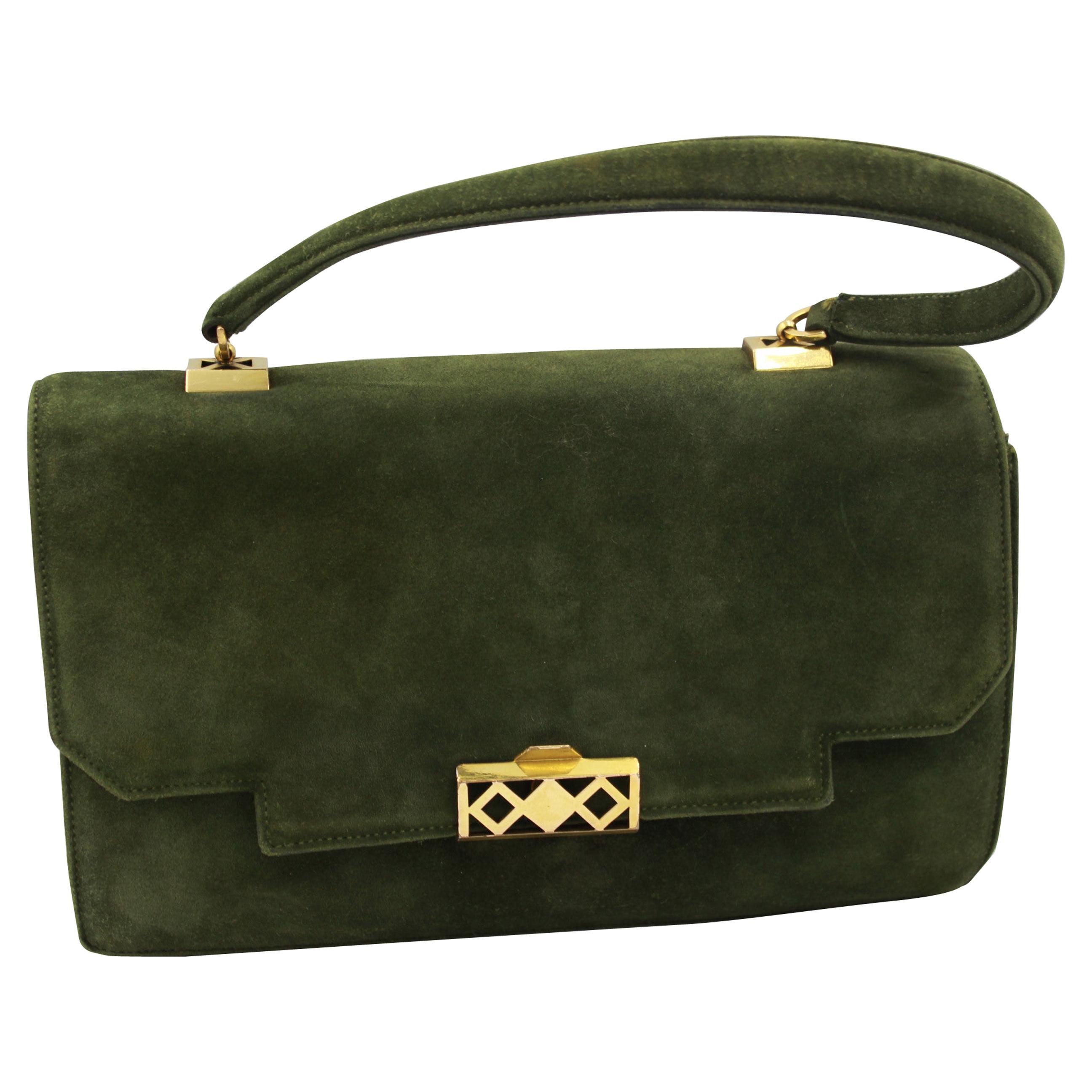 Hermes Vintage  Grille Green Suede and Leather 60's Bag