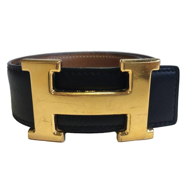 HERMES Vintage H Belt in Black Box Leather and Brown Courchevel Leather