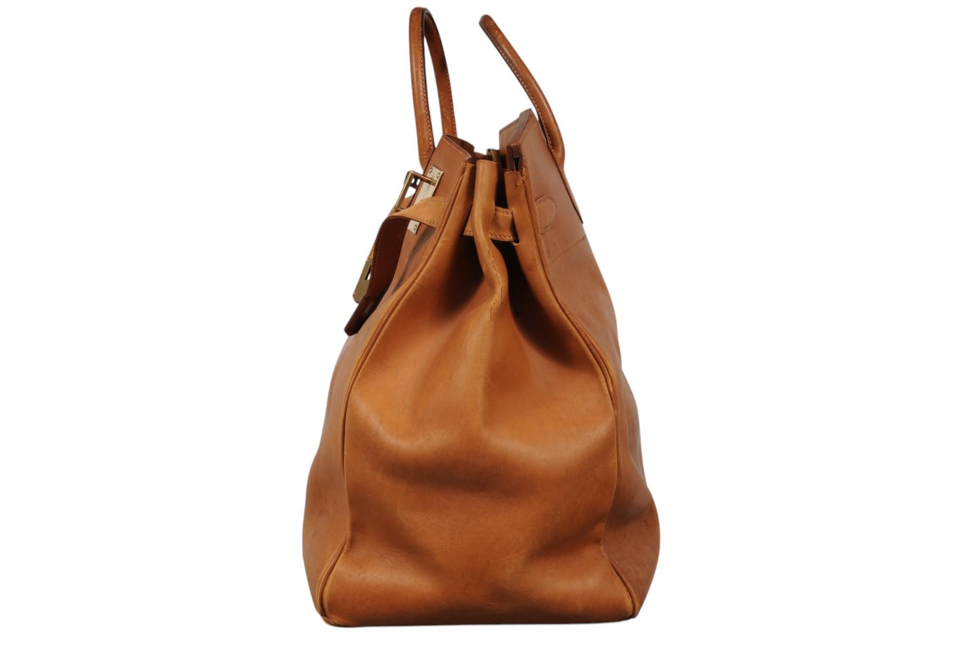 Hermes Vintage Haut à Courroies Hac 50 Birkin Natural Tan Brass Hardware Travel Bon état - En vente à North Miami, FL