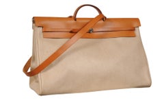 Hermes Vintage Herbag 50 Toile Ecru Natural Tan Leather Shoulder Carry On Duffle