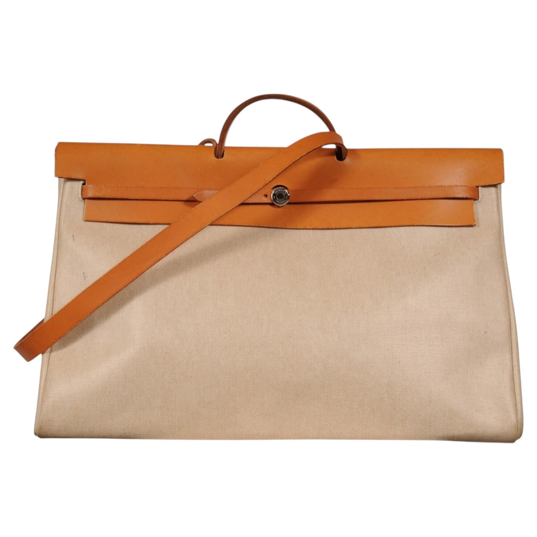 Hermes Vintage Herbag 50 Toile Ecru Natural Tan Leather Shoulder Carry On Duffle