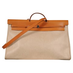 Hermes Vintage Herbag 50 Toile Ecru Natural Tan Leather Shoulder Carry On Duffle