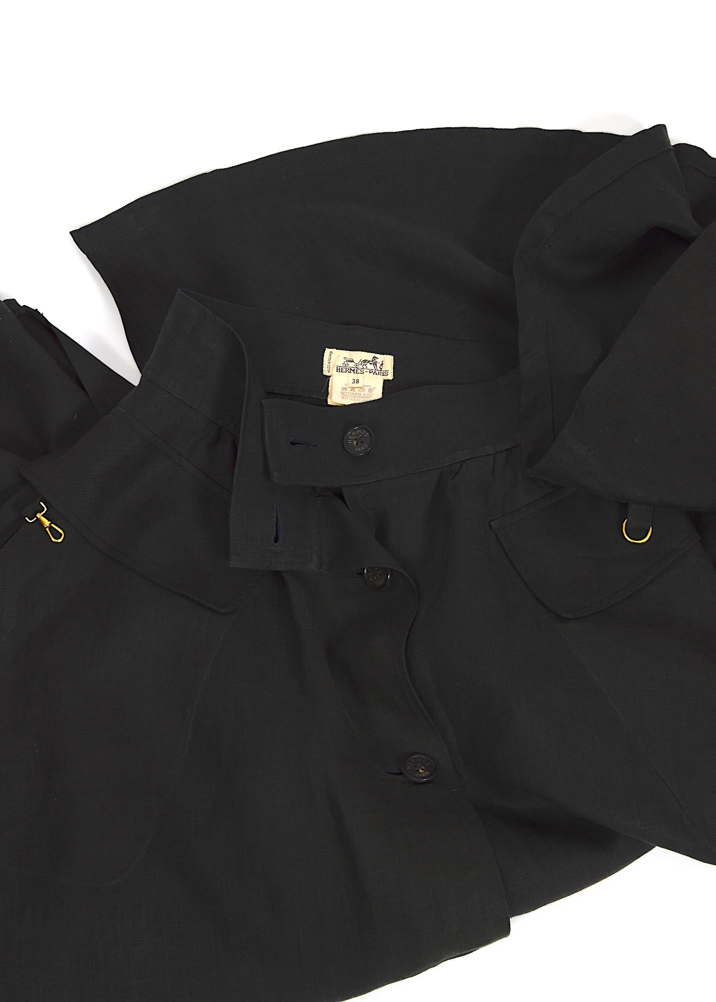 Black Hermes vintage high waisted black anthracite linen and signed buttons skirt