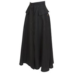 Hermes vintage high waisted black anthracite linen and signed buttons skirt