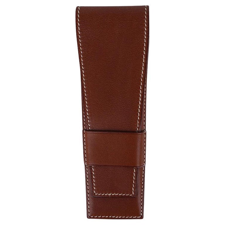 Hermès - Étui à stylos Hugo vintage Fauve Barenia en cuir, neuf 